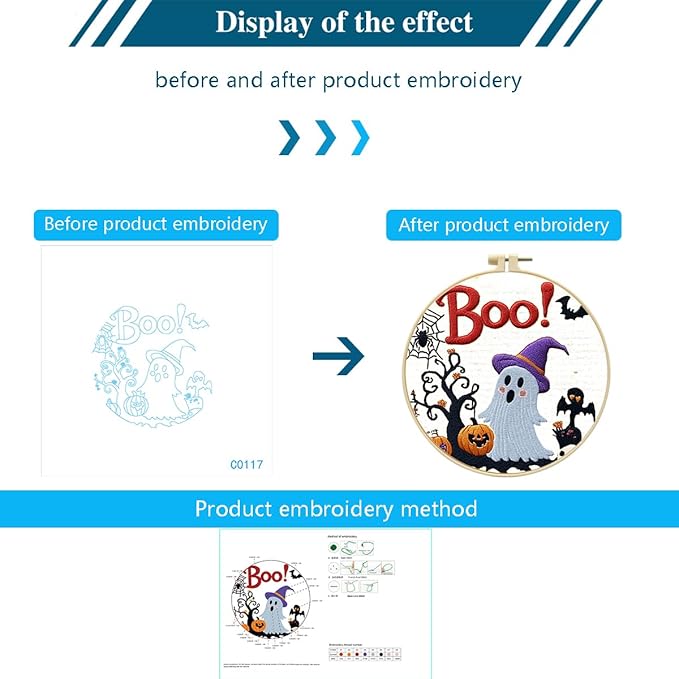 Zhenqing Halloween Ghost Embroidery Kit for Beginners - 29x29cm Printed Fabric with Hoop & Full Tools (Witch Hat Ghost & Pumpkin Design) (C0117)