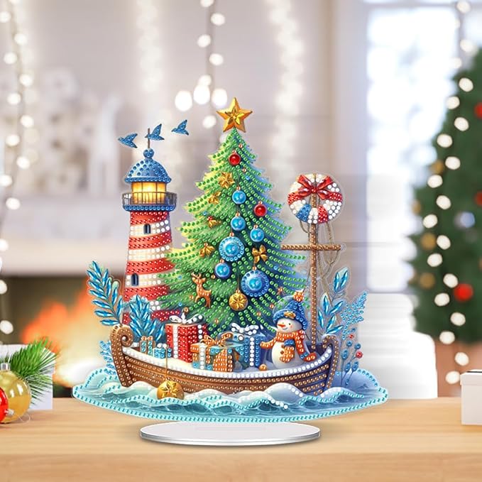 LAKEQUILL Christmas Tree Diamond Art Painting Kits for Adults,5D Xmas Boat Stand Up Tabletop Ornament for Home Office Desk Decor, DIY Diamond Art Gifts for Women, Men, Complete Tools Included