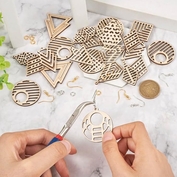 Boho Wooden Earring Making Kit 12 Styles Unfinished Natural Wood Filigree Pendants Round Rhombus Tree Arrow Kite Earring Charms with Ear Wire Jump Rings for DIY Jewelry Making