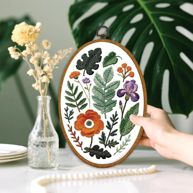 ORIGACH 6 Pack Plants Leaves & Flower Embroidery Kits for Beginners, DIY Starter Hand Embroidery Kit with Floral and Leaf Patterns and Instructions for Adults Women Crafting