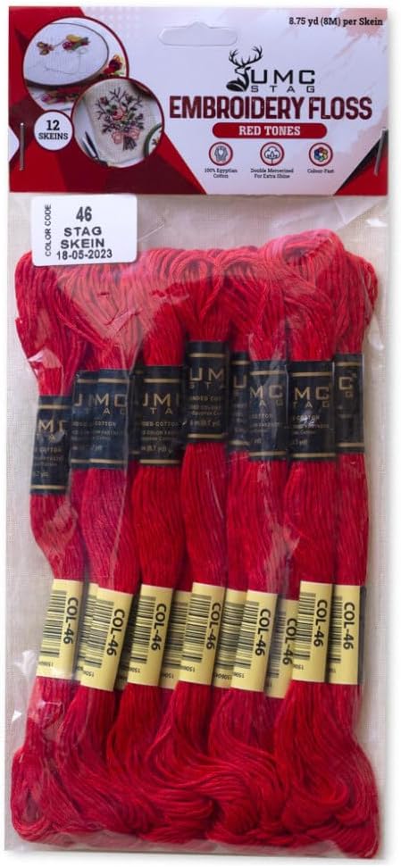 Pack of 12 Red Premium Embroidery Thread | 100% Egyptian Cotton Premium Skeins | Cross Stitch Embroidery Floss | Oeko TEX Certified Stranded Cotton | Ideal for Arts & Crafts (Bright Red 46)