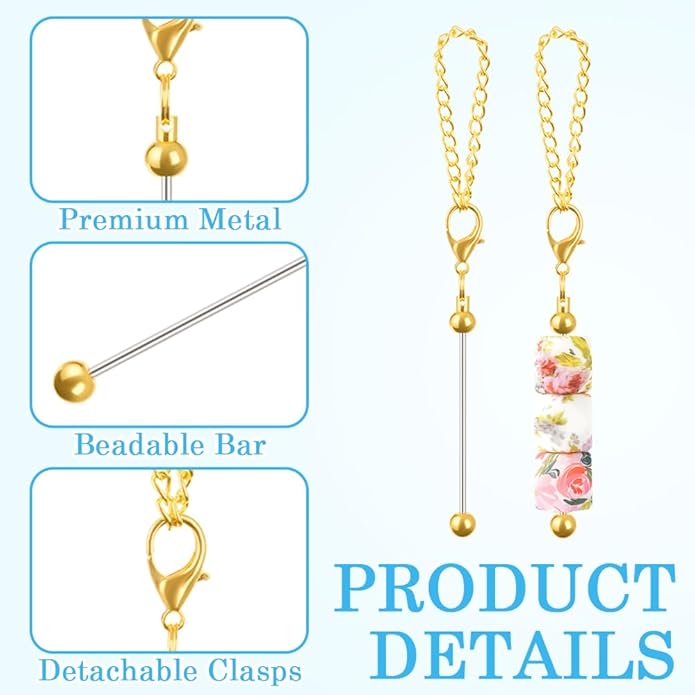 16PCS Beadable Keychain Bar Bulk, Metal Blank Beaded Keychain Bar for Beads DIY Crafts Charms Jewelry Making Supplies