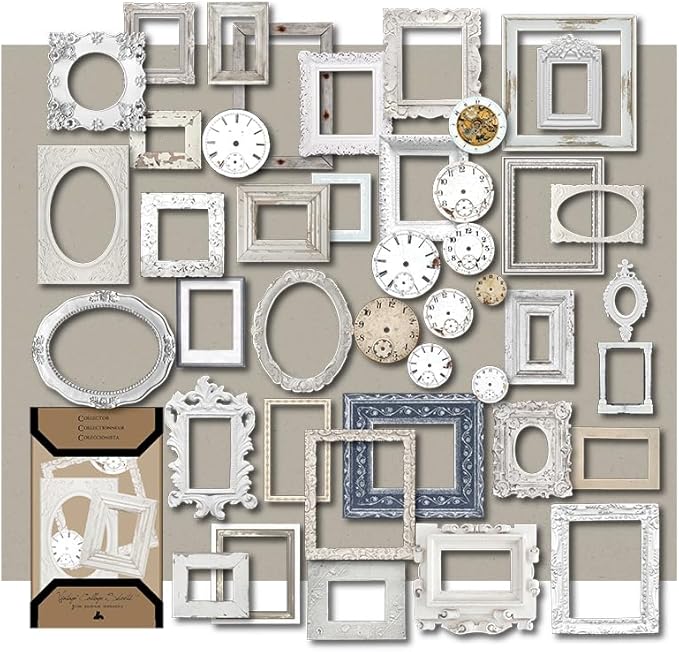 CATaireen Vintage Junk Journal Items Kit Pre Cut Paper Cards Cutout Cardstock Art Aesthetic Decor Hollow Out Craft Elements Small Embellishments Supplies for Adults Scrapbook Pack (Photo Frame White)
