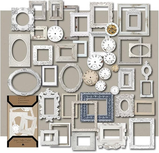 CATaireen Vintage Junk Journal Items Kit Pre Cut Paper Cards Cutout Cardstock Art Aesthetic Decor Hollow Out Craft Elements Small Embellishments Supplies for Adults Scrapbook Pack (Photo Frame White)