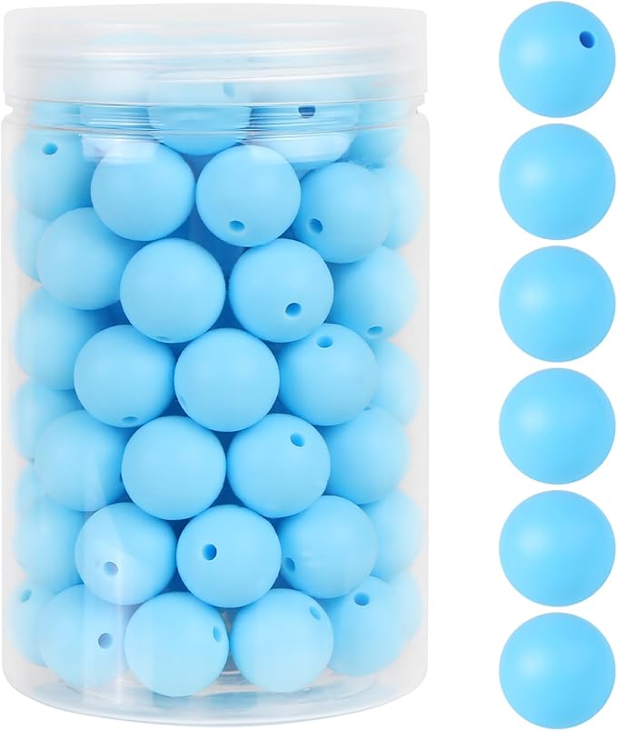 110 Pcs Silicone Focal Beads, EVERMARKET 15mm Silicone Beads for Keychain Making, Round Silicone Beads Bulk with Bottle, Rubber Loose Beads for Pens Crafts Necklace Bracelet Lanyard (Light Blue)