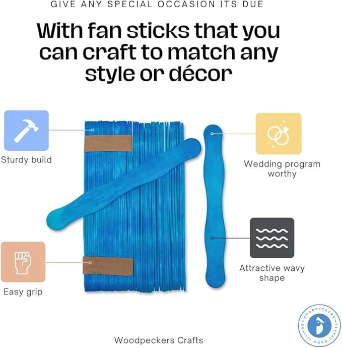 Wooden Blue 8" Fan Handles, Wedding Programs, Paint Mixing, Pack 200, Jumbo Craft Popsicle Sticks for Auction Bid Paddles, Wooden Wavy Flat Stems for Any DIY Crafting Supplies Kit, by Woodpeckers