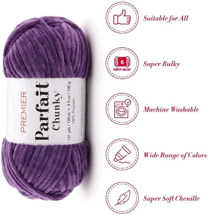 Premier Yarns Parfait Chunky Chenille Yarn 3.5 Oz 6 Super Bulky Weight 3 Pack Bundle with Bella's Stitch Place Holders (Iris)