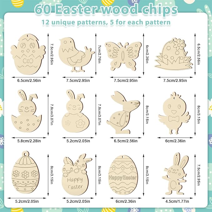 SDTHNT 60 PCS Wooden Easter Ornaments to Paint, 12 Styles DIY Unfinished Wood Crafts Kit with Strings, Colored Bells for Crafts Hanging Decorations, Egg Rabbit Bunny Butterfly Flower Hen Happy Easter
