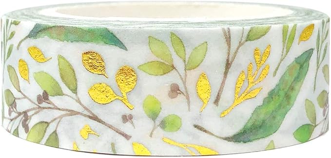 allydrew Gold and Silver Foil Washi Masking Tape, 15mm x 5M, Sprig Leaves