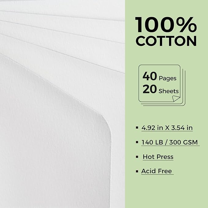 Watercolor Journal - 100% Cotton Hot Press Paper | 20 Sheets 40 Pages | 300GSM (140lb) | PU Leather Cover Watercolor Sketch Books for Artists Painting,Mixed Media 4.9 in x 3.5 in