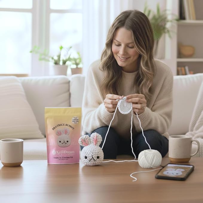 KelliDream Learn to Crochet Kit for Beginner Adults with Magic Circle Tool; Step-by-Step Video Tutorials; All Supplies to Make Cute Amigurumi (Bunny)