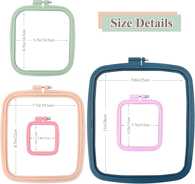 zocone 5pcs 5 size square embroidery hoops, abs plastic embroidery hoops cross stitch hoops embroidery frames for sewing, needlework, embroidery projects (size-3", 4.3", 6.5", 8.7", 11")