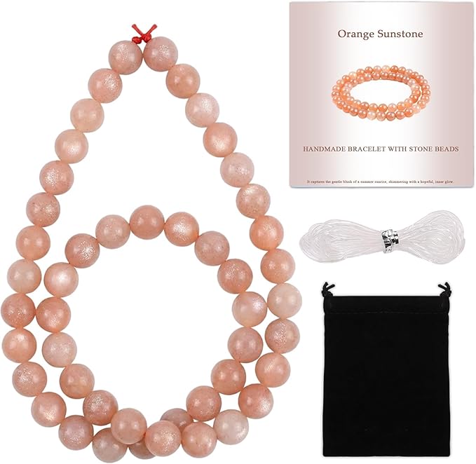 Stone Beads, 45pcs Sunstone, 8mm Round Loose Beads for Jewelry Making, Bracelets, with Bag, String & Card