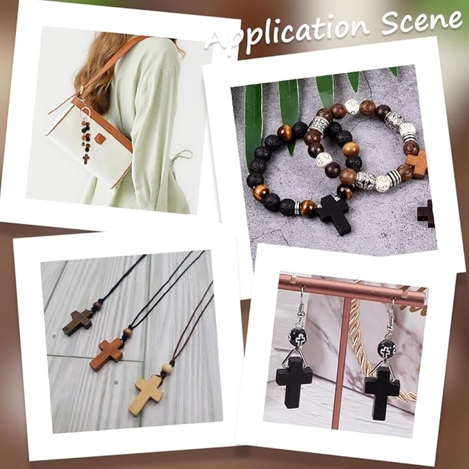 SUNNYCLUE 280Pcs Keychain Making Kit Wood Crucifix Charms Easter Wooden Cross Charms Mini Cross Charm Bulk Wood Cross Round Beads Split Key Rings for Keychains Holiday Beading Craft DIY Supplies