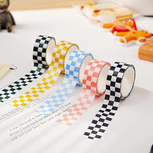 Checkered Tape Decorative Plaid Cute Washi Tape Set 0.6inch Width Colored Grid Masking Paper Tapes 5 Roll Checkerboard Flag Tape Rolls for Scrapbook Artist Craft Party Decoration Box Label