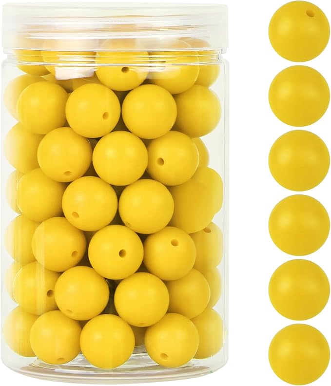 110 Pcs Silicone Focal Beads, EVERMARKET 15mm Silicone Beads for Keychain Making, Round Silicone Beads Bulk with Bottle, Rubber Loose Beads for Pens Crafts Necklace Bracelet Lanyard (Mustard Yellow)