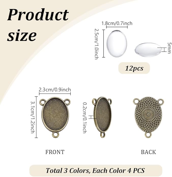 PH PandaHall 12 Sets Centerpiece Trays with Cabochons, 3 Colors Oval Bezel Pendant Trays 18x25mm Base Settings 3 Loops Base Connector Charms for DIY Necklaces Jewelry Crafts Making Easter Decor
