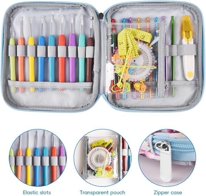 Crochet Hook Case,Portable Zipper Storage Organizer Bag for Crochet Hooks, Knitting Needles, Project & Sewing Supplies, Lightweight,Easy to Hold (No Accessories Included).Blue Summer Flower