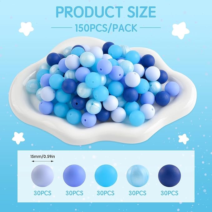 ZIFTY 150Pcs Silicone Beads for Keychain Making Kit 15mm Bulk Loose Round Rubber Silicone Focal Beads for Pens, Necklace Bracelet Making Kit, Jewelry, Art, Crafts, DIY(Blue)