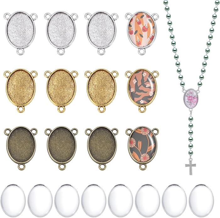 PH PandaHall 12 Sets Centerpiece Trays with Cabochons, 3 Colors Oval Bezel Pendant Trays 18x25mm Base Settings 3 Loops Base Connector Charms for DIY Necklaces Jewelry Crafts Making Easter Decor