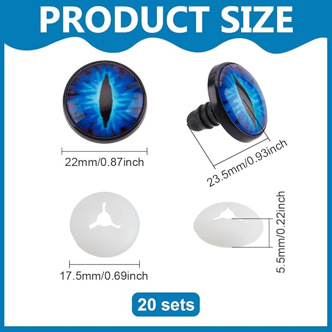 PH PandaHall 20 Sets 22mm Glow in The Dark Safety Eyes, Halloween Luminous Blue Eye Cabochons Plastic Safety Craft Eye Dragon Crochet Eyes with Washers for Crochet Stuffed Animal Teddy Bear Decor