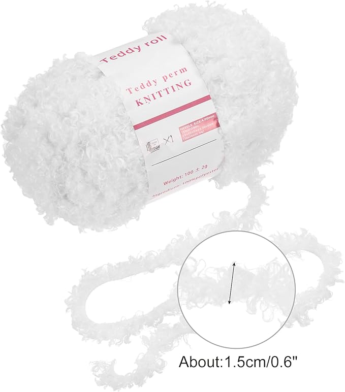 MECCANIXITY Fur Yarn Soft Fluffy Chunky Yarn Fuzzy Eyelash Yarn White for Crocheting Knit Clothes Bag - 55Yard/50m, 3.38ozx1