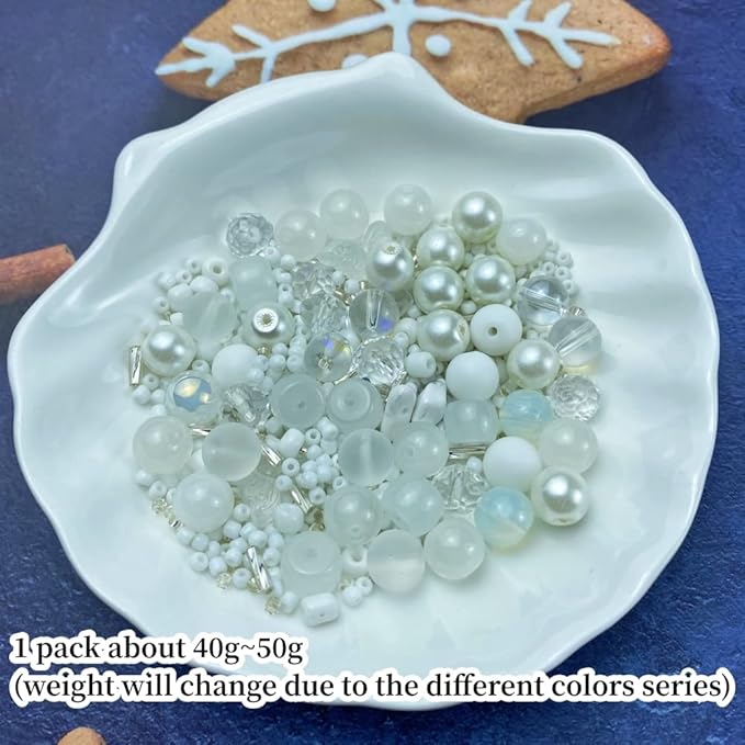 Assorted Glass Resin Beads Multi Size Colors Smooth Cracked Gravel Millet Spacer Beads for Bracelets Necklace Earring DIY Jewelry Making Craft (White Series)