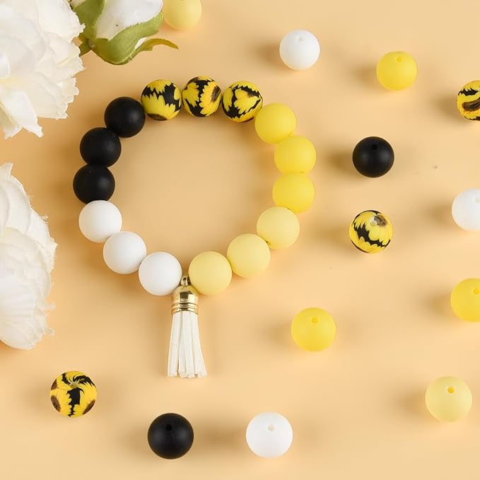 ASTARON 100 Pcs 15mm Silicone Beads for Keychain Making, Yellow Black Round Beads for Bracelets Beadable Pens Decorations Crafts Making Party Favours Supplies
