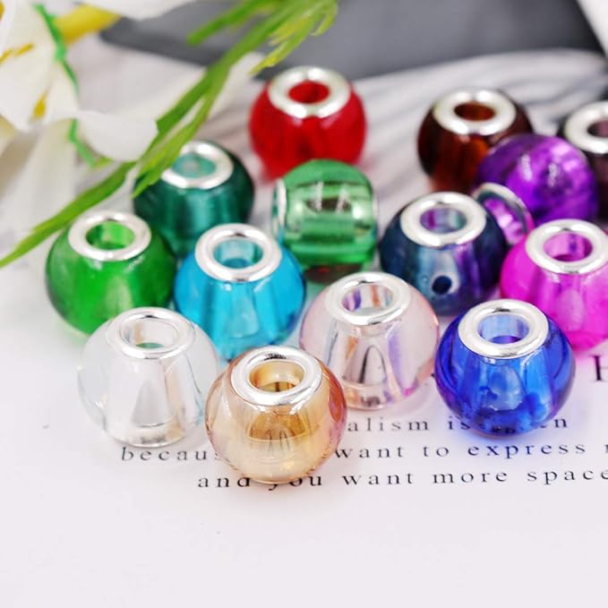 AIPRIDY 100Pcs 15x11mm Painting Murano Large Hole Glass Beads Mix Color with Silver Brass Cores European Charm fit Bracelet Necklace (10 Color Lampwork Beads)