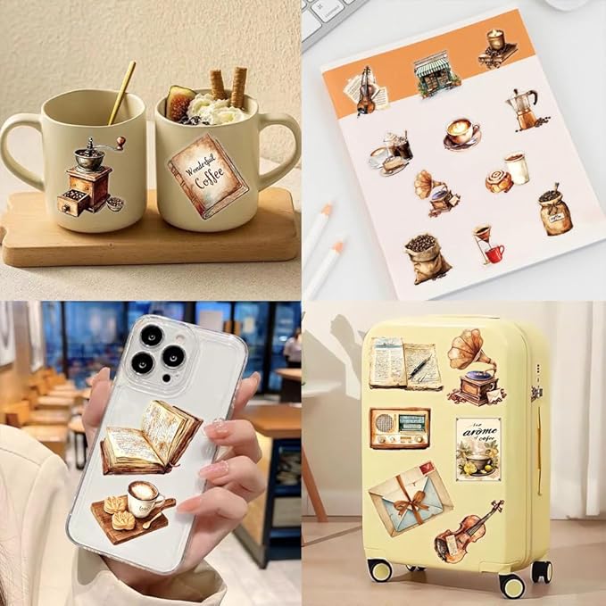 50Pcs Waterproof Vintage Stickers,Scrapbooking Supplies Kit,Aesthetic Decorative Craft Sticker for Planner, Bullet Journaling, Junk Journal, Water Bottles, Laptop, Retro Craft.Coffee