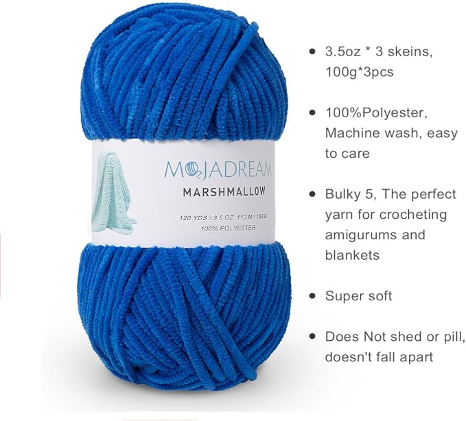 Marshmallow Yarn 3PCS 3.5oz Soft Chenille Yarn for Amigurumi Baby Blanket Yarn: No Shedding Soft Easy to Knitting and Crocheting Bulky 5# Yarn 3 Skeins of 100g (Princess Blue)