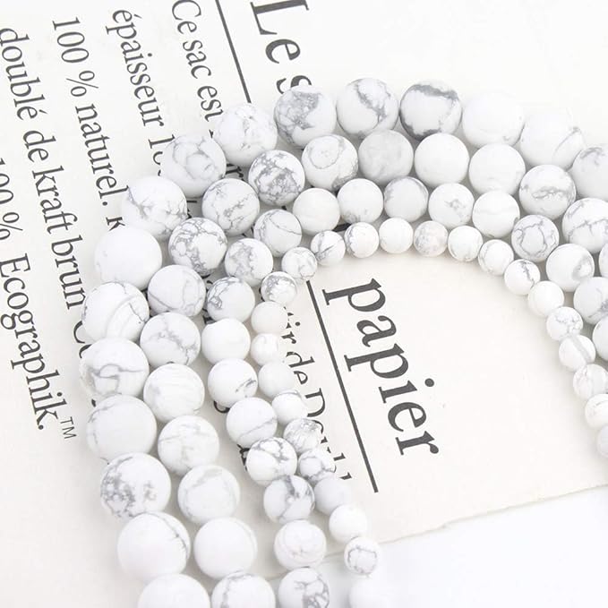 Stone Beads, 60pcs Matte White Howlite, 6mm Round Loose Beads for Jewelry Making, Bracelets, with Bag, String & Card