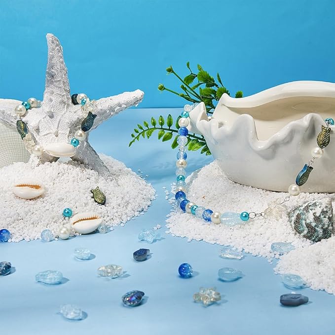SUNNYCLUE 1 Box 251Pcs Fish Glass Beads Starfish Beads Bulk Natural Seashell Beads Summer Ocean Sea Animal Beading Double Sided Small Fish Starfish Beaded 8mm Round Beads for Jewelry Making Kits