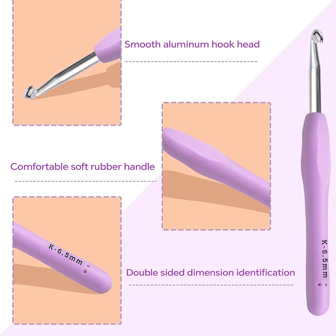 6.5mm Crochet Hook, Ergonomic Crochet Hooks with Soft Rubber Handle and Smooth Glide Head - Lightweight Aluminum Needles for Beginners, Arthritis, Yarn Projects, Long Crafting Sessions (6.5 mm)