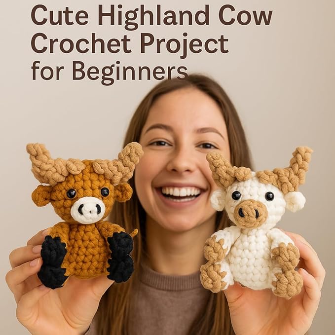 Highland Cow Crochet Kit for Beginners & Adult, Learn to Crochet Starter Set with Step-by-Step Video Tutorial & Instruction, Easy Animal Knitting Kit for Kid 12+, Fun Holiday Craft Gift