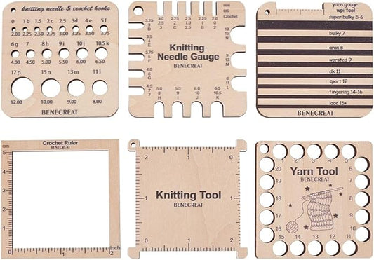 BENECREAT 6 Styles Wood Knitting Gauge Rulers, Crochet Hook and Yarn Wrap Per Inch Guide Knitting Tool for Spinners Yarn Measuring Crochet Accessories