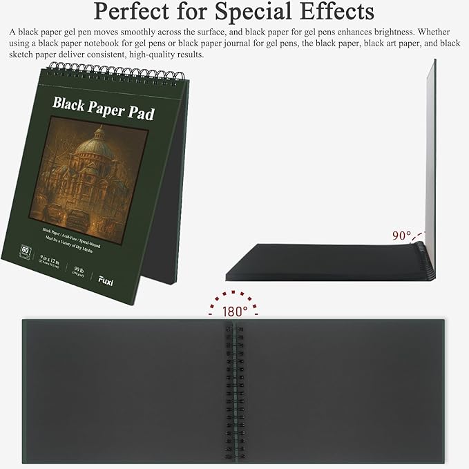 fuxi black paper sketchbook 9x12, 60 sheets（90lb/150gsm） hardcover spiral bound | black paper notebook for gel pen, colored pencil, artist supplies for adults, teens & students.