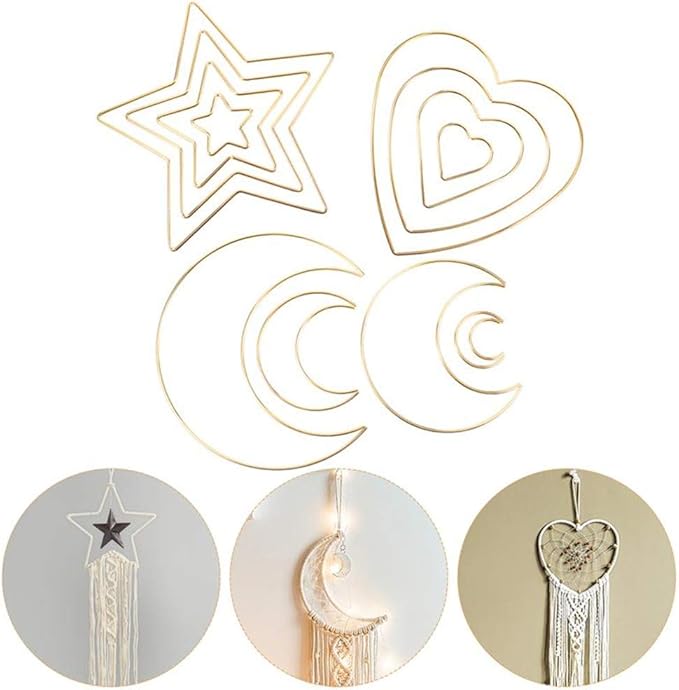 12 Pieces Assorted 4 Sizes Moon Star Heart Shaped Dream Catcher Rings Macrame Gold Metal Hoops for Floral Wreath Wall Hangings DIY Craft Supplies Home Decor (Multi)