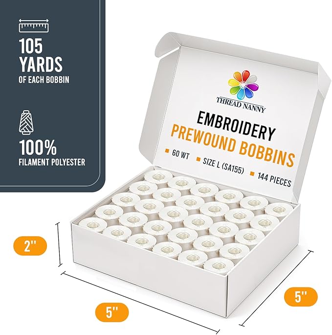 ThreadNanny 144pcs White Prewound Bobbin Thread Plastic Size L (SA155) for Brother Embroidery and Sewing Machine Polyester Thread (Pack of 2)