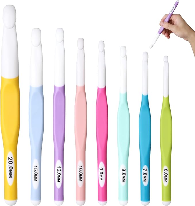 Froggod 8 Sizes Large Crochet Hooks Set, 20mm 15mm 12mm 10mm 9mm 8mm 7mm 6mm Crochet Hooks for Chunky Yarn, Long Ergonomic Crochet Needles with Rubber Handle