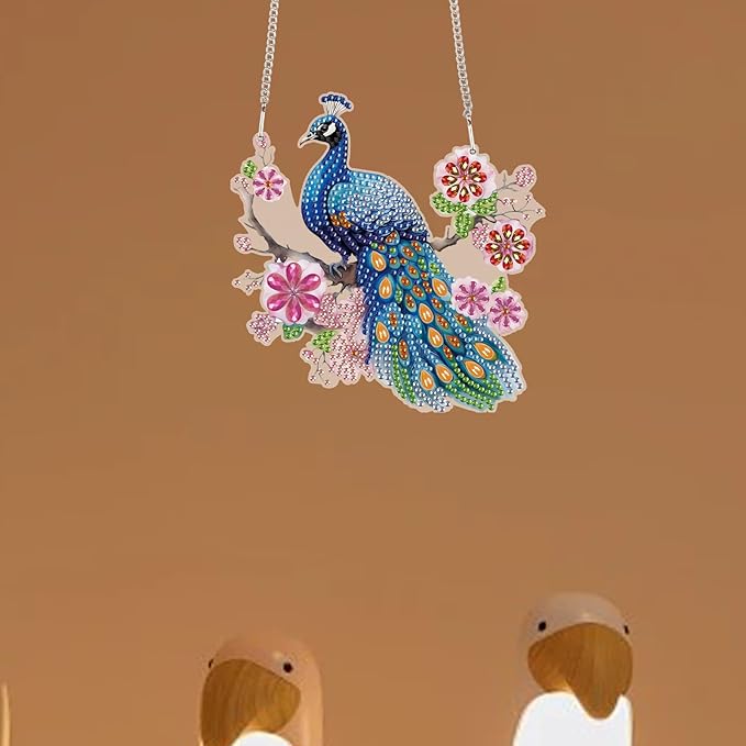 TDFERAN Diamond Painting Pendant Peacock Mosaic Making Kits by Kits Home Decoration Pendant Diamond Art Hanging Sign Onament Art Wind Chimes Hanging Pendants for Wall Home Decor Tabletop Decoration