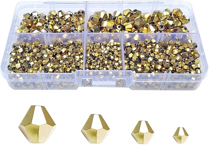 Light Gold Bicone Glass Beads for Jewelry Making, Faceted Crytal Spacer Beads for Bracelet Necklace Earring (3mm 4mm 6mm 8mm Mixed Sizes, 1040pcs)