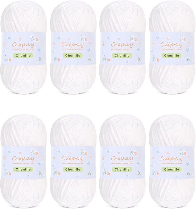 Coopay Chenille Yarn for Crocheting, 8 Pack Medium Weight Yarn - CYC #4 - Total 520yd, Soft Crochet Yarns for Plush Toys, Blankets, Scarves (White)
