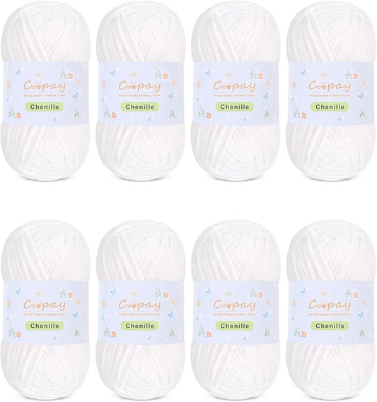 Coopay Chenille Yarn for Crocheting, 8 Pack Medium Weight Yarn - CYC #4 - Total 520yd, Soft Crochet Yarns for Plush Toys, Blankets, Scarves (White)