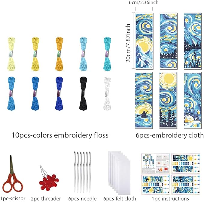 FREEBLOSS 6 Set 11CT Cross Stitch Bookmarks Kit Starry Sky Stamped Cross Stitch Kit DIY Embroidery Bookmark Set with Instruction for Adults Beginners Gift for Reading Enthusiasts 20x6cm/8x2.4inch