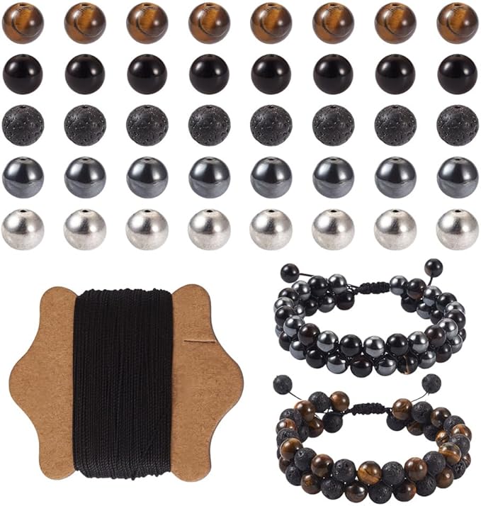 FASHEWELRY Mala Yoga Men Bracelet Making Kit - 220pcs Natural Gemstone Lava Rock Tiger Eye Beads Healing Crystal Chakra Stone Beads with Black Nylon String for Essential Oil Diffuser Jewelry Making