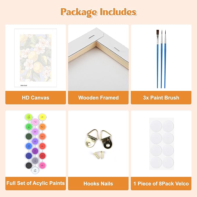 GHHKUD Lemon Paint by Numbers Kits with Frame for Adults Beginners, DIY Summer Flower Paint by Numbers for Kids, Painting Art on Canvas Gifts Home Wall Decor 20x30cm