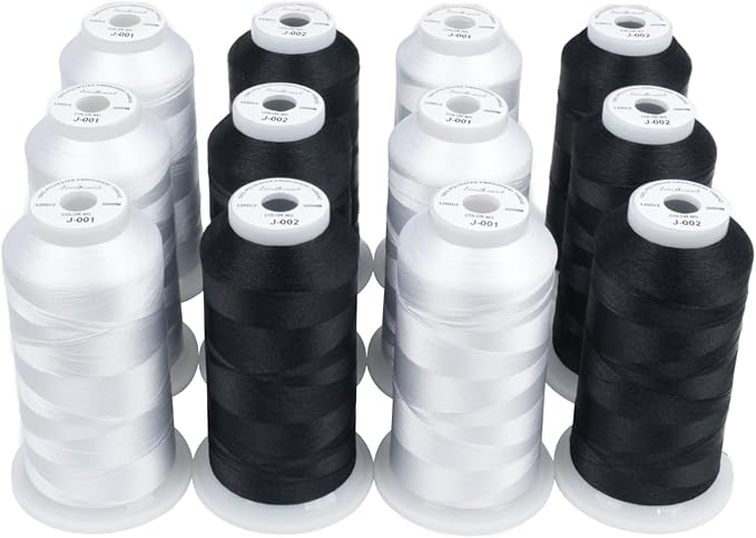 Simthread 12 Spools Embroidery Thread Set, 3000 Yards 40WT 100% Polyester Trilobal Machine Thread for Professional & Home Use, Compatible with Brother, Singer, Janome & More, 6Black+6White