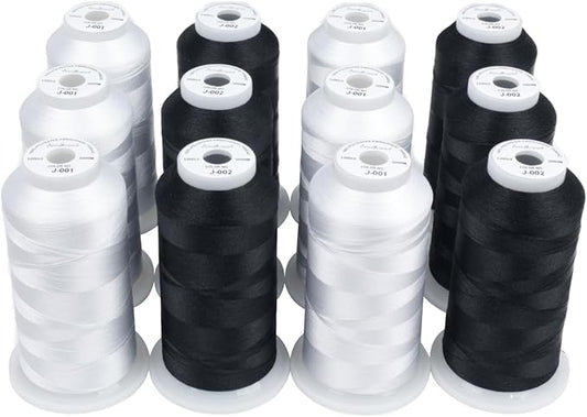 Simthread 12 Spools Embroidery Thread Set, 3000 Yards 40WT 100% Polyester Trilobal Machine Thread for Professional & Home Use, Compatible with Brother, Singer, Janome & More, 6Black+6White