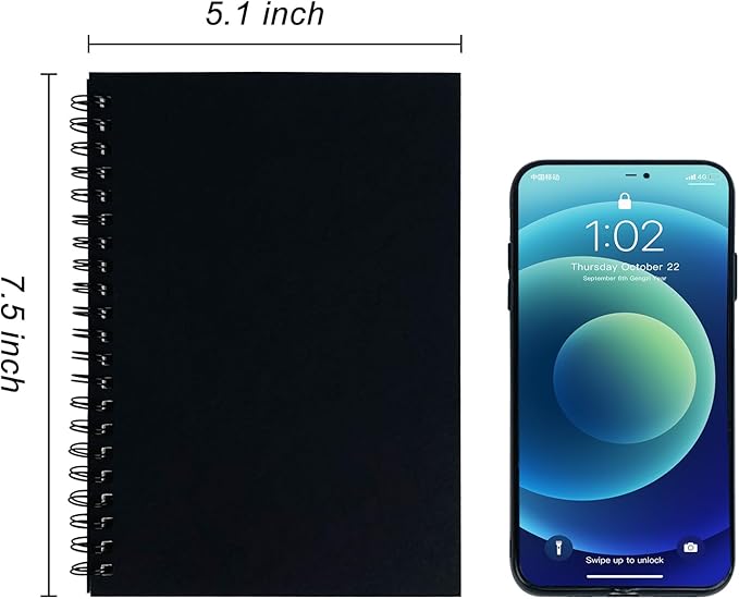 DSTELIN Blank Spiral Notebook, 9-Pack, Soft Cover, Sketch Book, 100 Pages / 50 Sheets, 7.5 inch x 5.1 inch, 100GSM, (Black)
